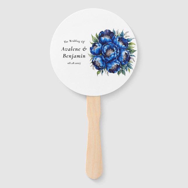 Royal Blue and Silver Glittery Peony Wedding  Hand Fan (Front)