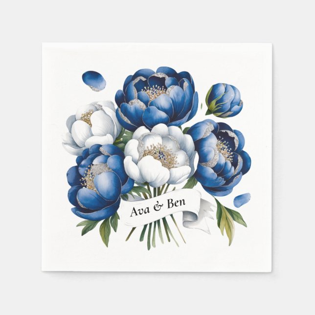 Royal Blue and Silver Glittery Peony Wedding  Napkins (Front)