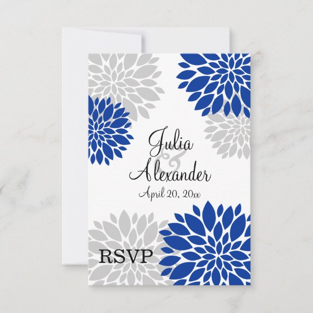 Royal Blue and Silver-Gray Floral Burst RSVP (Front)