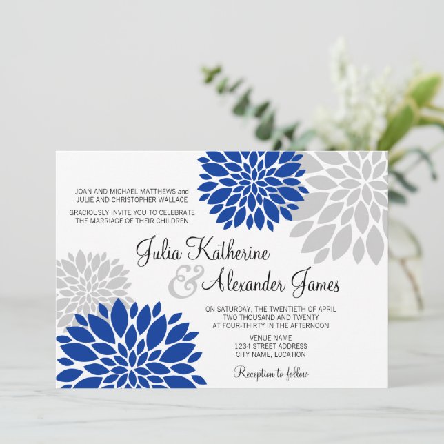 Royal Blue and Silver-Gray Floral Burst Wedding Invitation (Standing Front)
