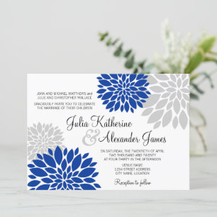 Royal Blue and Silver-Gray Floral Burst Wedding Invitation