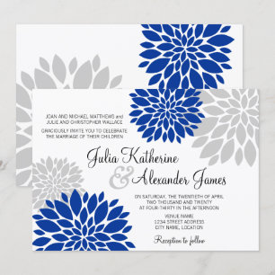 Royal Blue and Silver-Gray Floral Burst Wedding Invitation
