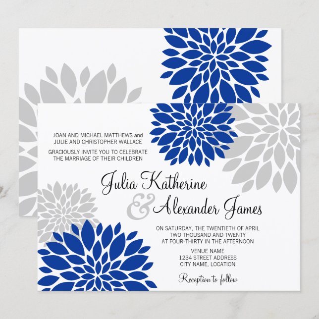 Royal Blue and Silver-Gray Floral Burst Wedding Invitation (Front/Back)