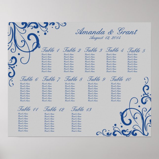 Royal Blue and Silver Gray Flourish Seating Chart (Front)