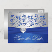 Royal Blue and Silver Heart Save the Date Card (Front/Back)