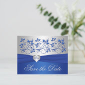 Royal Blue and Silver Heart Save the Date Card (Standing Front)
