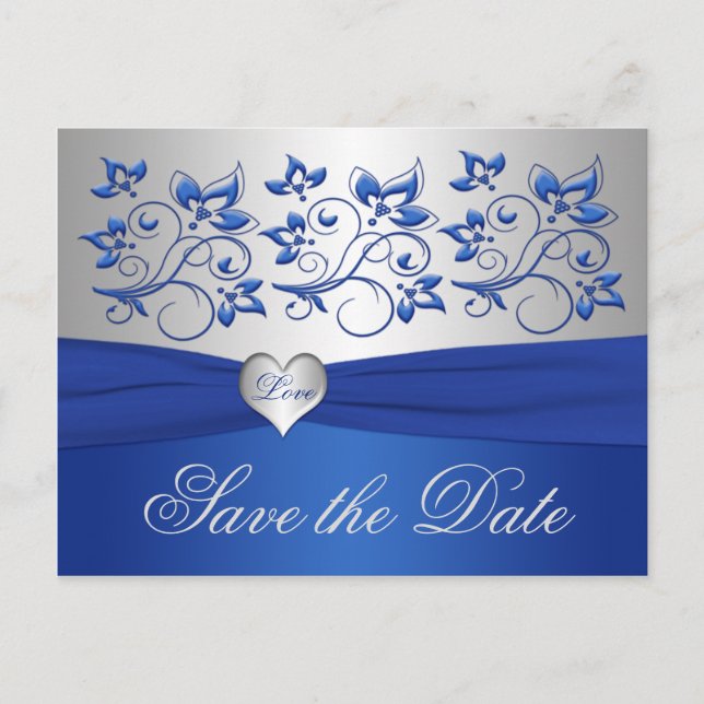 Royal Blue and Silver Heart Save the Date Card (Front)