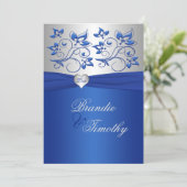 Royal Blue and Silver Heart Wedding Invitation (Standing Front)