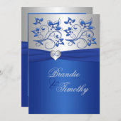 Royal Blue and Silver Heart Wedding Invitation (Front/Back)