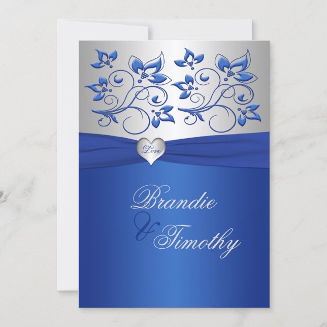 Royal Blue and Silver Heart Wedding Invitation (Front)