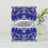 Royal Blue And Silver Jewel Damask Quinceanera Invitation (Standing Front)