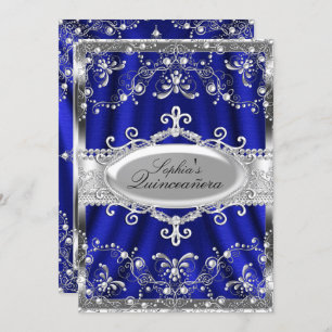 Royal Blue And Silver Jewel Damask Quinceanera Invitation