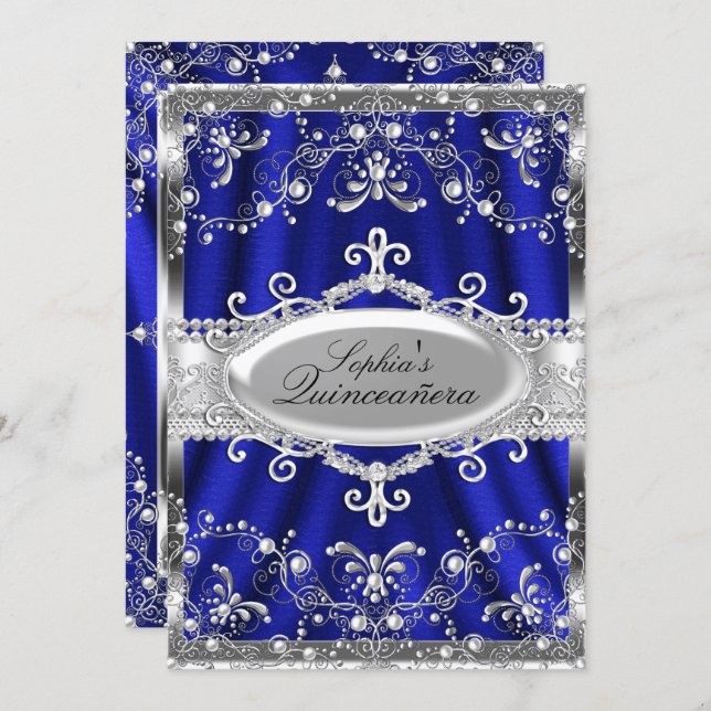Royal Blue And Silver Jewel Damask Quinceanera Invitation (Front/Back)
