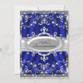 Royal Blue And Silver Jewel Damask Quinceanera Invitation (Front)