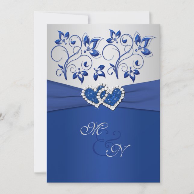Royal Blue and Silver Joined Hearts Invitation (Front)