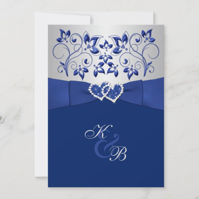 Royal Blue and Silver Joined Hearts Invitation 2 (Front)