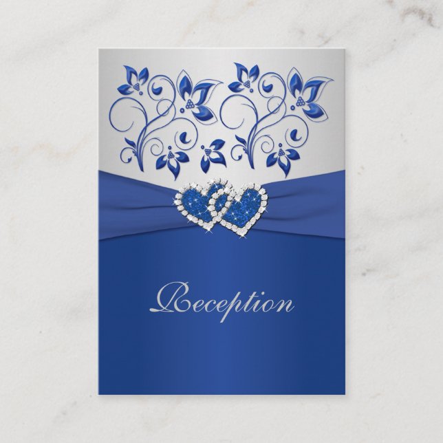 Royal Blue and Silver Joined Hearts Reception Card (Front)
