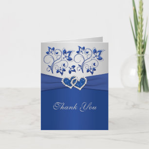 Royal Blue and Silver Joined Hearts Thank You Card