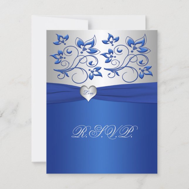 Royal Blue and Silver Love Heart Reply Card (Front)