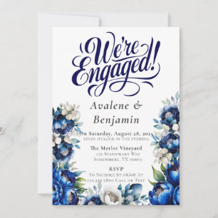 Royal Blue and Silver Peony We’re Engaged Invitation
