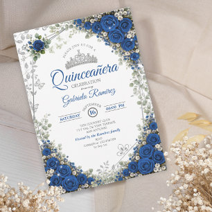 Royal Blue and Silver Quinceañera Blue Roses Invitation