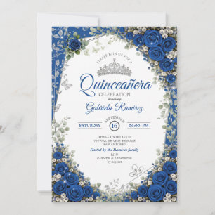Royal Blue and Silver Quinceañera Blue Roses Invitation