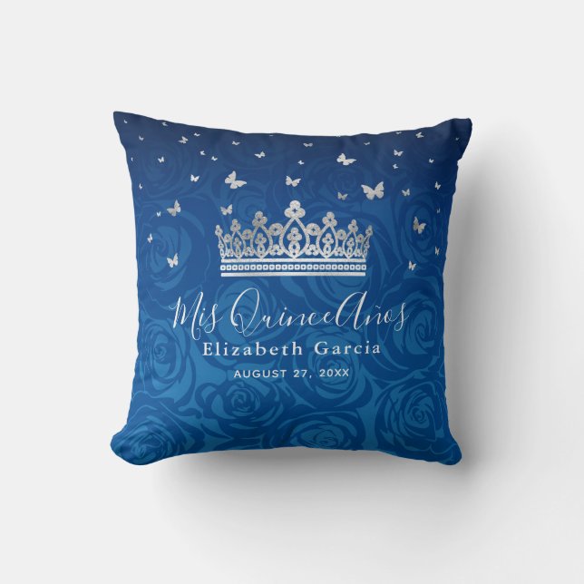 Royal Blue and Silver Quinceanera Mis Quince Anos Throw Pillow (Front)