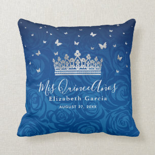 Royal Blue and Silver Quinceanera Mis Quince Anos Throw Pillow