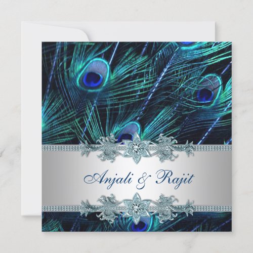 Royal Blue and Silver Royal Blue Peacock Wedding Invitation