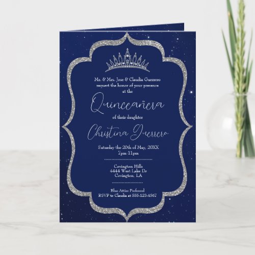 Royal Blue and Silver Starry Night Quinceanera Invitation