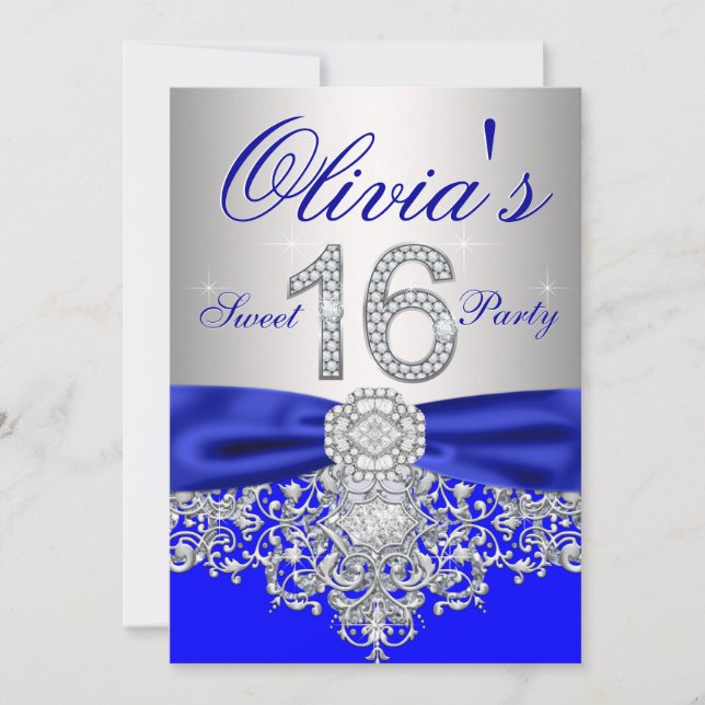Royal Blue and Silver Sweet 16 Party Invitation (Front)