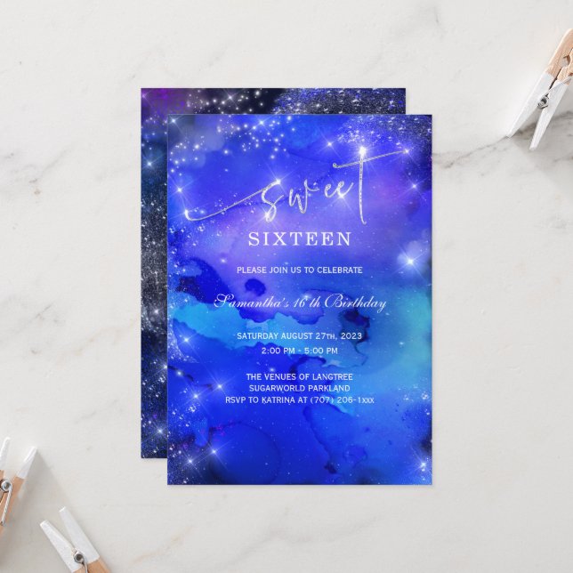 Royal Blue and silver Sweet Sixteen Invitation (Front/Back In Situ)
