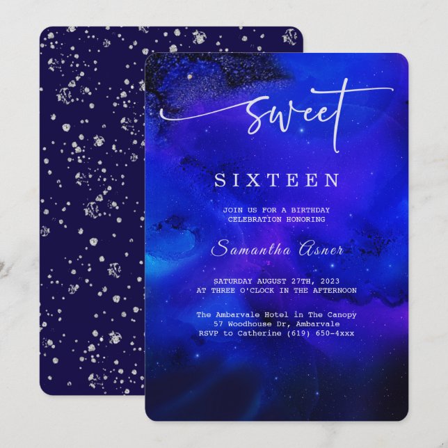 Royal Blue and silver Sweet Sixteen Invitation (Front/Back)