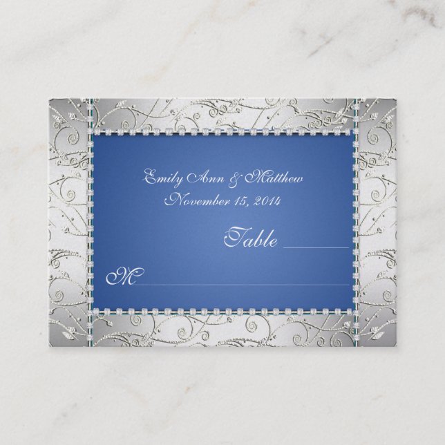 Royal Blue and Silver Swirl Table Place Cards (Front)