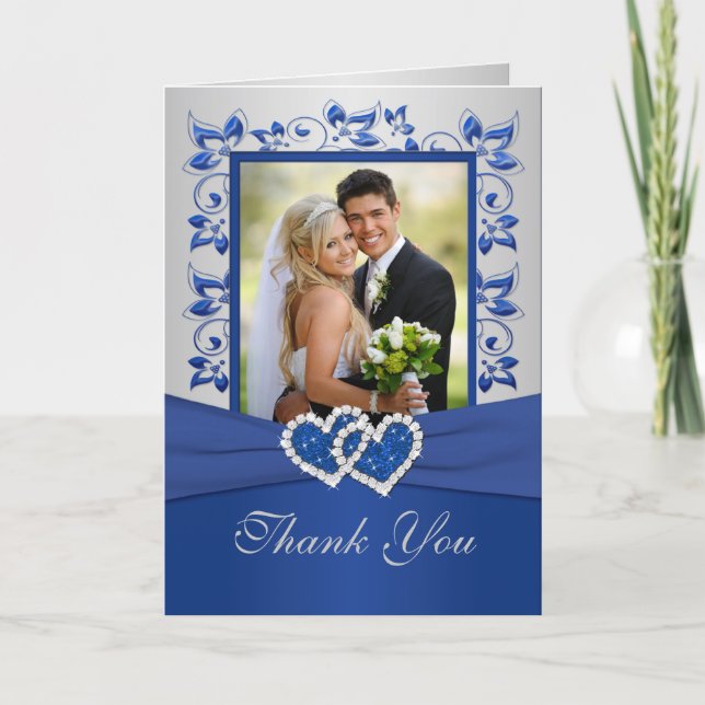 Royal Blue and Silver Thank You Card with Photo (Front)