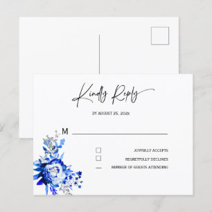 Royal Blue and Silver Wedding RSVP Postcard