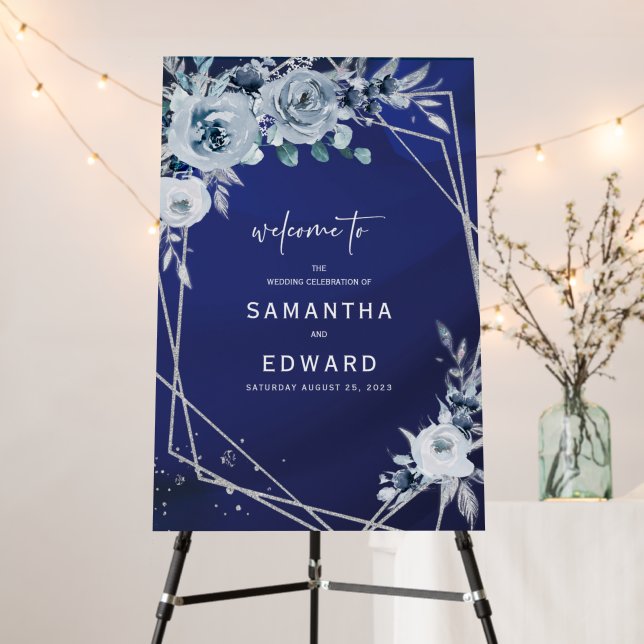 Royal Blue and Silver Wedding Welcome Foam Board (In Situ (Stand))