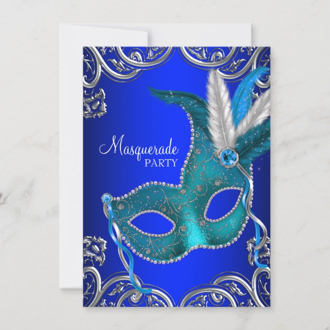 Royal Blue and Teal Blue Masquerade Party Invitation (Front)