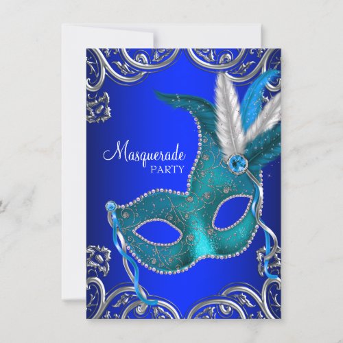 Royal Blue and Teal Blue Masquerade Party Invitation