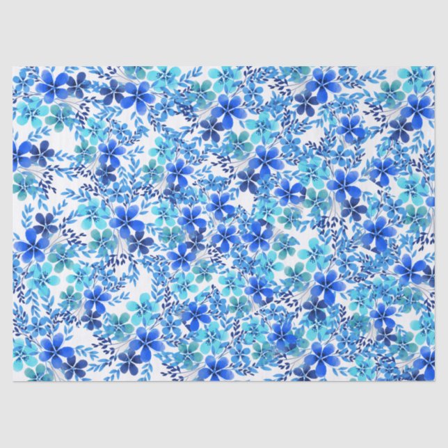 Royal Blue and Turquoise Garden Flowers Tissue Paper (Front)