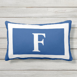 Royal Blue And White Bold Monogram Initial Outdoor Lumbar Pillow