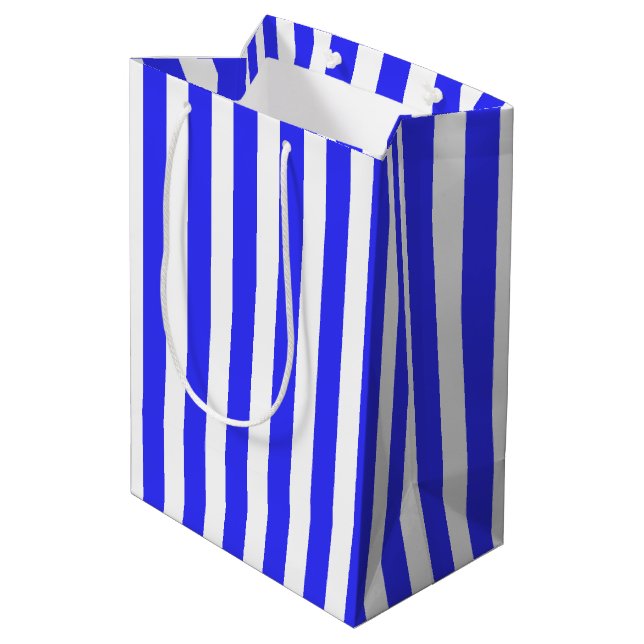 Royal blue and white candy stripes medium gift bag (Back Angled)