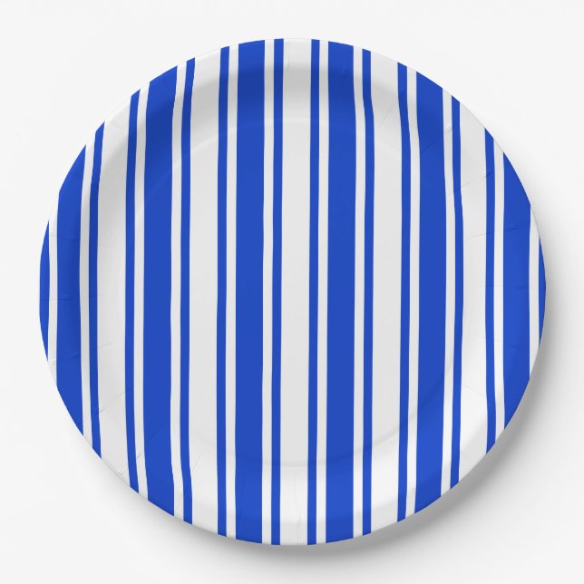 Royal blue and white candy stripes paper plates (Front)