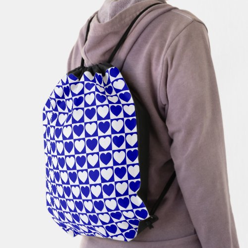 Royal Blue and White Checkerboard Heart Pattern Drawstring Bag