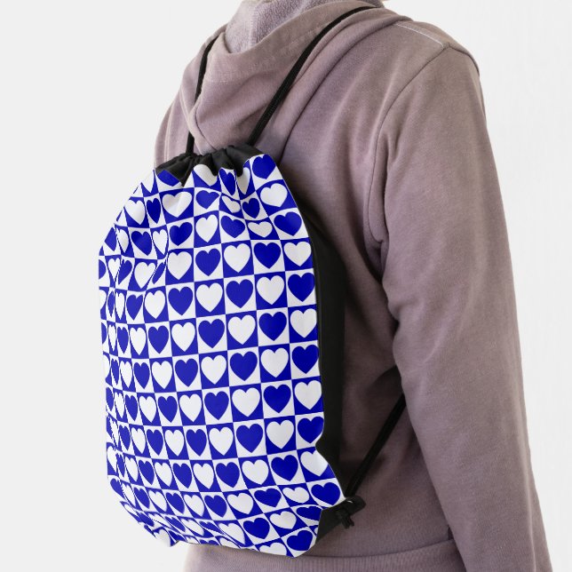 Royal Blue and White Checkerboard Heart Pattern Drawstring Bag (Insitu)