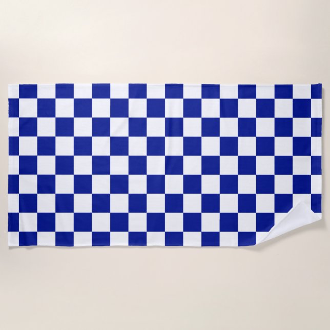 Royal Blue and White Checkered Pattern Beach Towel (Front)