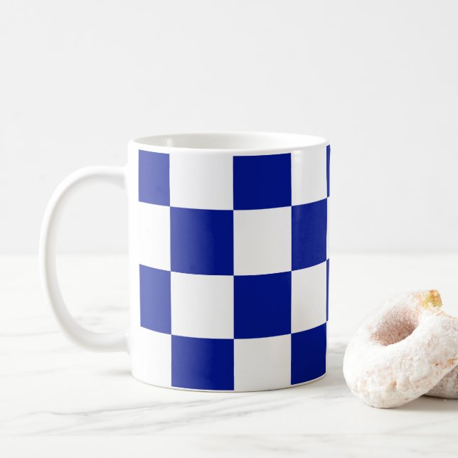 Royal Blue and White Checkered Pattern Coffee Mug (With Donut)