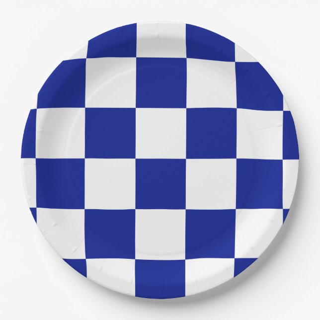 Royal Blue and White Checkered Pattern Paper Plates (Front)