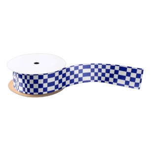 Royal Blue and White Checkered Pattern Satin Ribbon