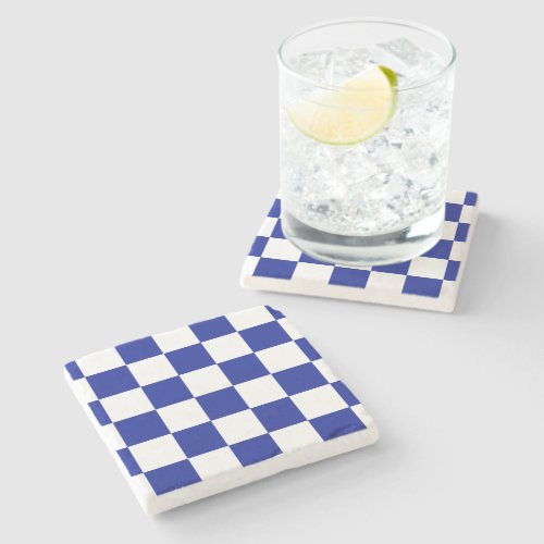 Royal Blue and White Checkered Pattern Stone Coaster